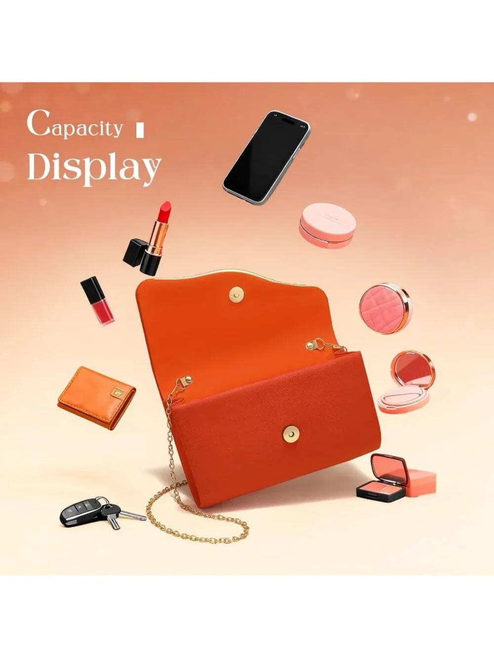 Women’s Orange Formal Clutch Purse Elegant Evening Bag Detachable Chain Strap
